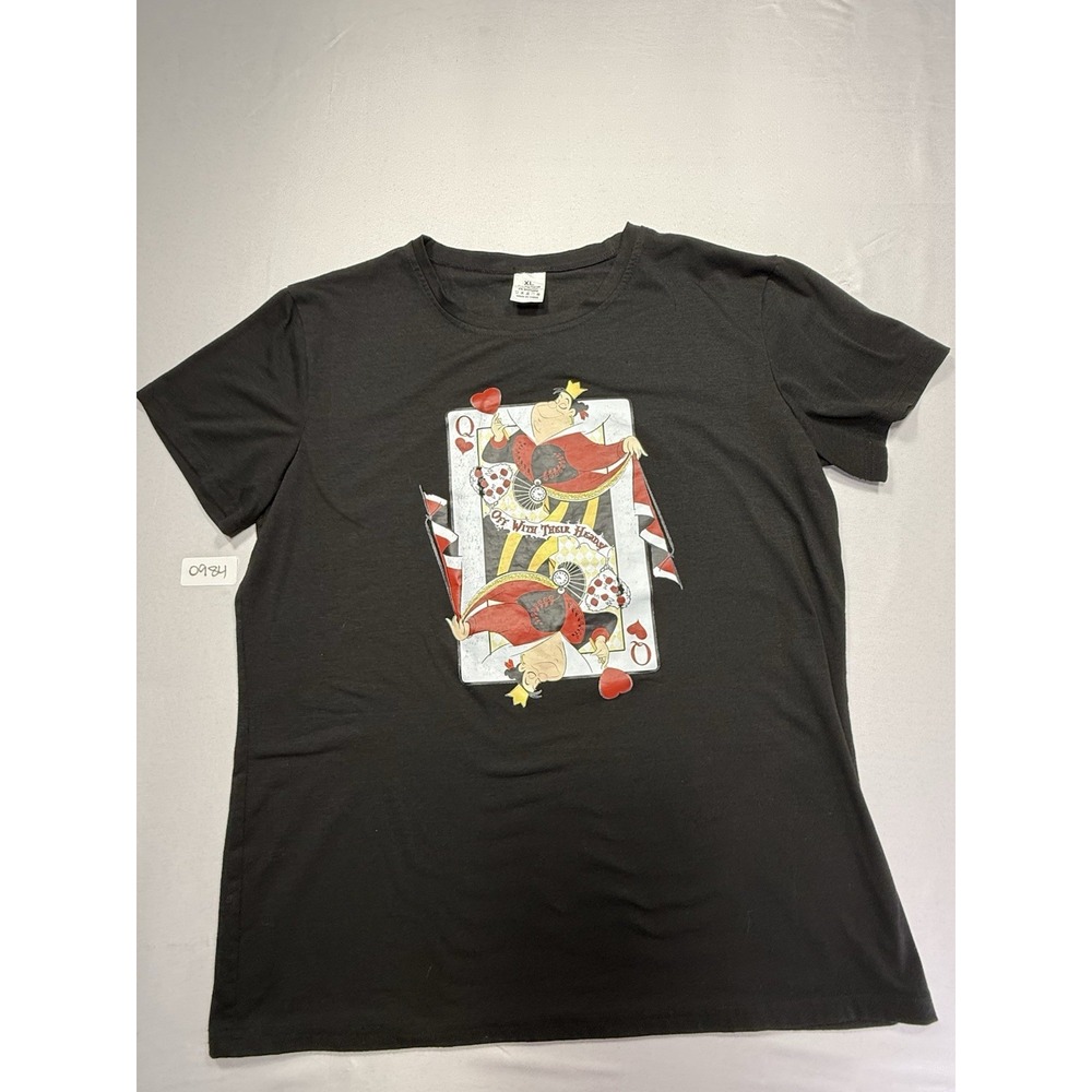 Women's XL Black Queen of Hearts Cards Graphic Crew Neck Stretch Knit Tee